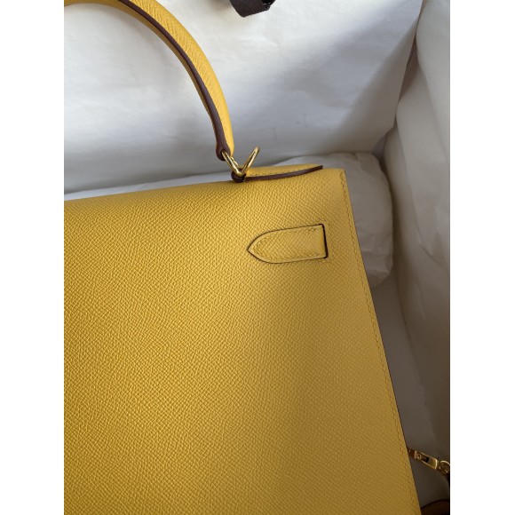 H**mes kelly sellier 28 handmade bag in jaune ambre epsom calfskin