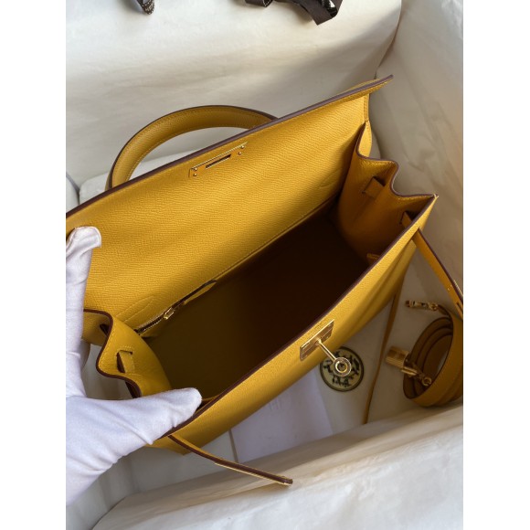 H**mes kelly sellier 28 handmade bag in jaune ambre epsom calfskin