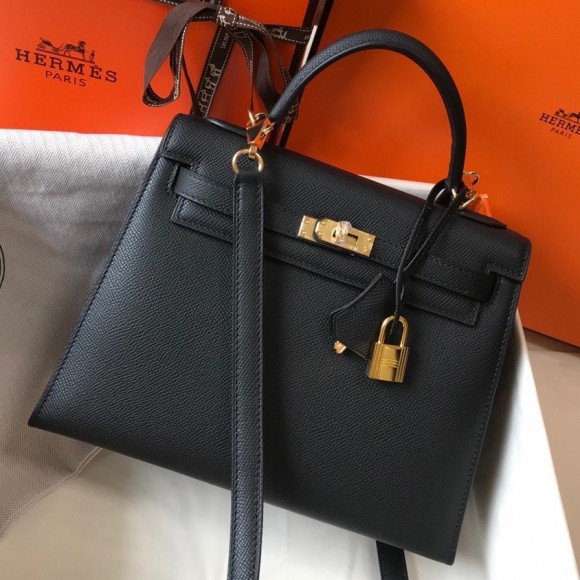 H**mes kelly 25cm sellier bag in black epsom calfskin ghw