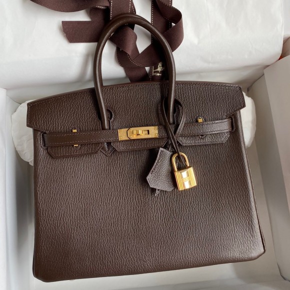 H**mes birkin 25 retourne handmade bag in chocolat chevre mysore leather