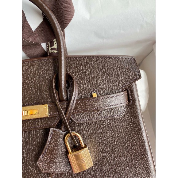 H**mes birkin 25 retourne handmade bag in chocolat chevre mysore leather