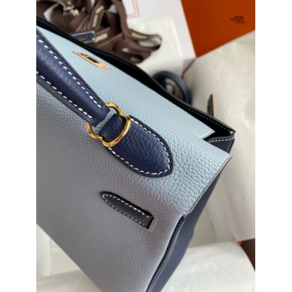 H**mes hss kelly 32 bicolor bag in blue lin and blue clemence leather