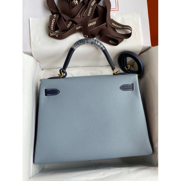 H**mes hss kelly 32 bicolor bag in blue lin and blue clemence leather