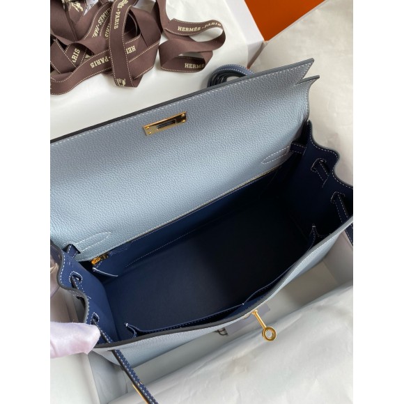 H**mes hss kelly 32 bicolor bag in blue lin and blue clemence leather