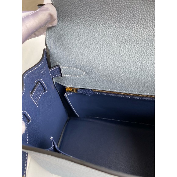 H**mes hss kelly 32 bicolor bag in blue lin and blue clemence leather