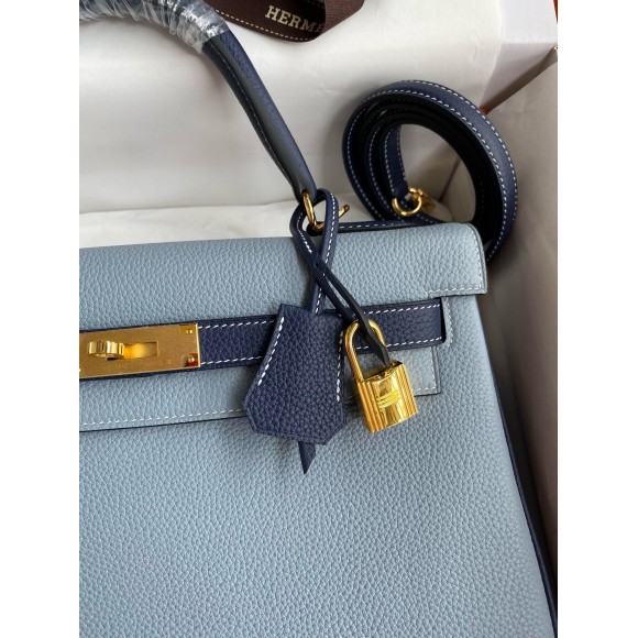 H**mes hss kelly 32 bicolor bag in blue lin and blue clemence leather