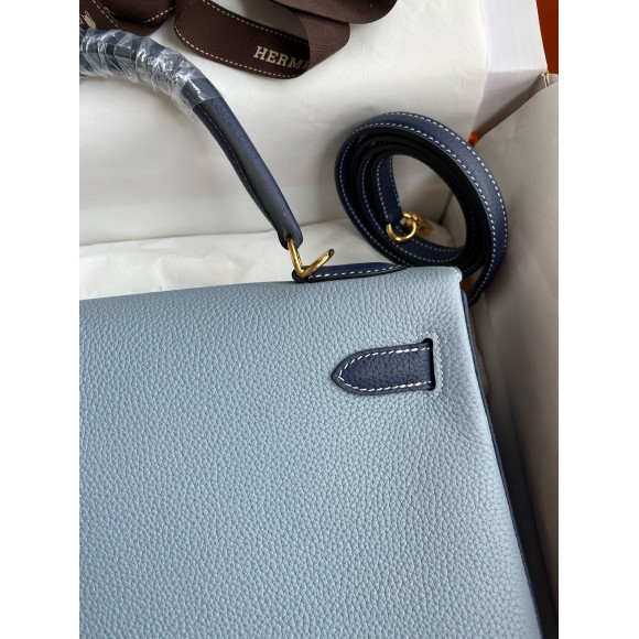 H**mes hss kelly 32 bicolor bag in blue lin and blue clemence leather