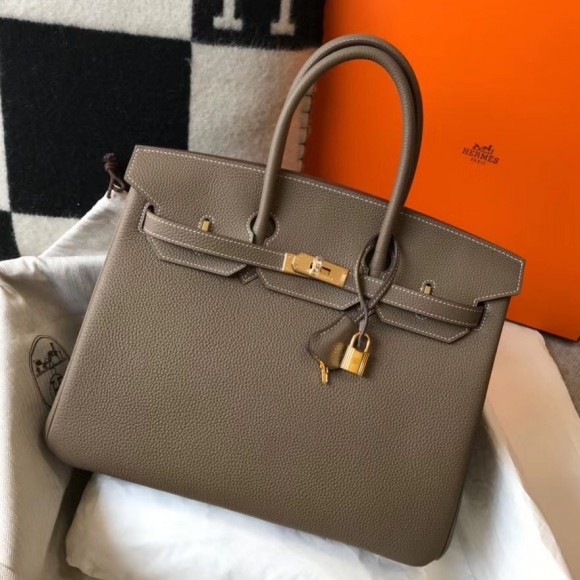 H**mes birkin 35 bag in taupe clemence leather with ghw