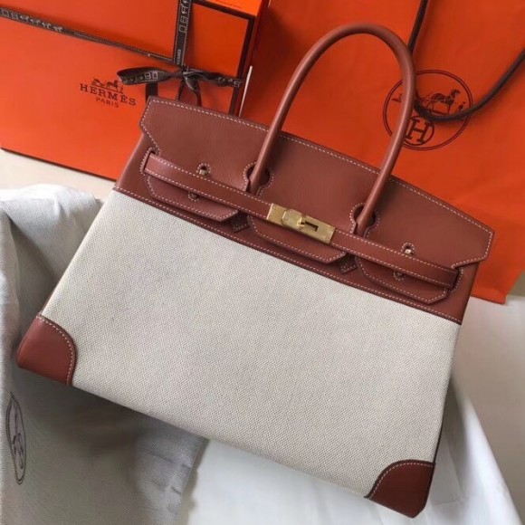 H**mes birkin 35 bag in toile canvas with barenia leather