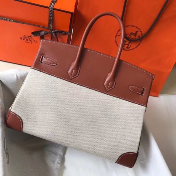 H**mes birkin 35 bag in toile canvas with barenia leather