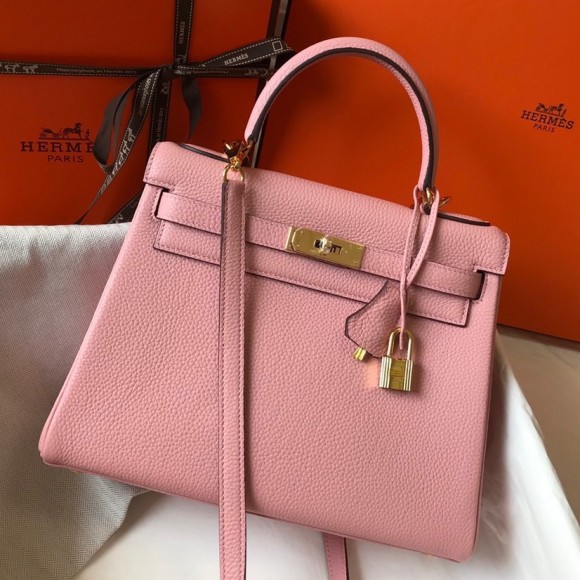 H**mes kelly 28cm retourne bag in pink clemence leather ghw