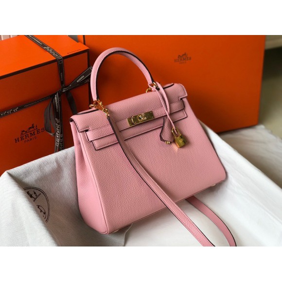 H**mes kelly 28cm retourne bag in pink clemence leather ghw