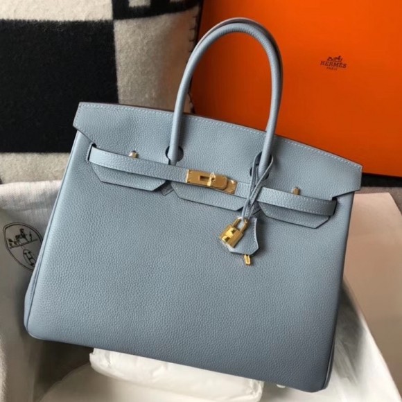 H**mes birkin 35 bag in blue lin clemence leather with ghw