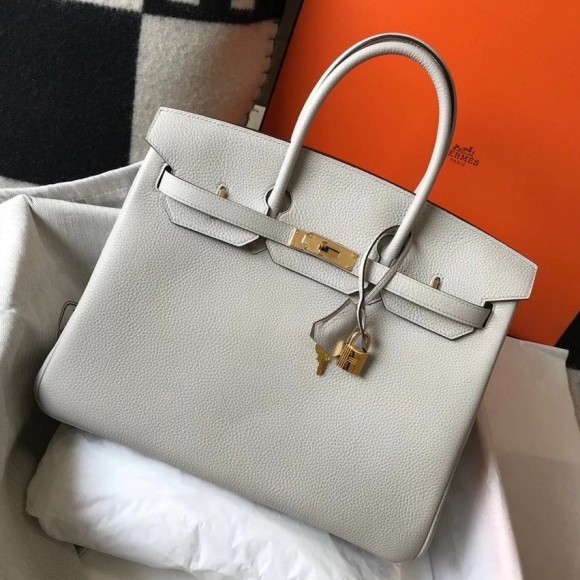 H**mes birkin 35 bag in pearl grey clemence leather with ghw