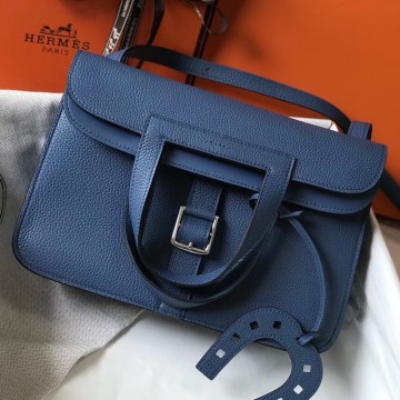 Hermes Halzan 31cm Bag In Blue Agate Clemence Leather Hermes Halzan 31cm Bag In Blue Agate Clemence Leather