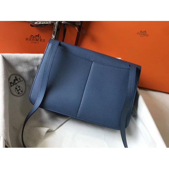 H**mes halzan 31cm bag in blue agate clemence leather