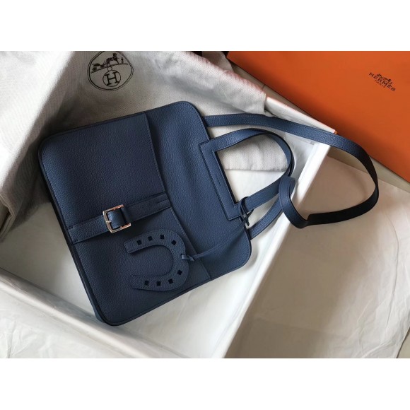 H**mes halzan 31cm bag in blue agate clemence leather