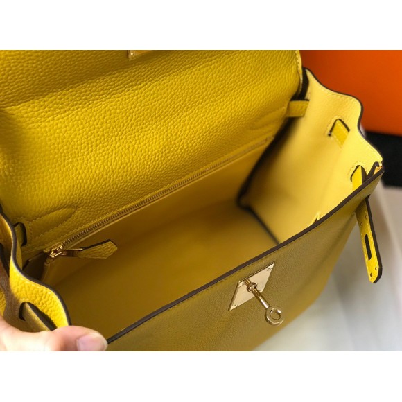 H**mes kelly 25cm retourne bag in jaune ambre clemence leather ghw