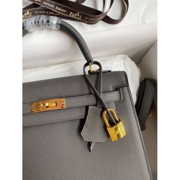 H**mes kelly sellier 28 handmade bag in etain epsom calfskin