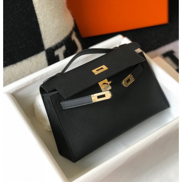 H**mes kelly pochette clutch bag in black epsom leather