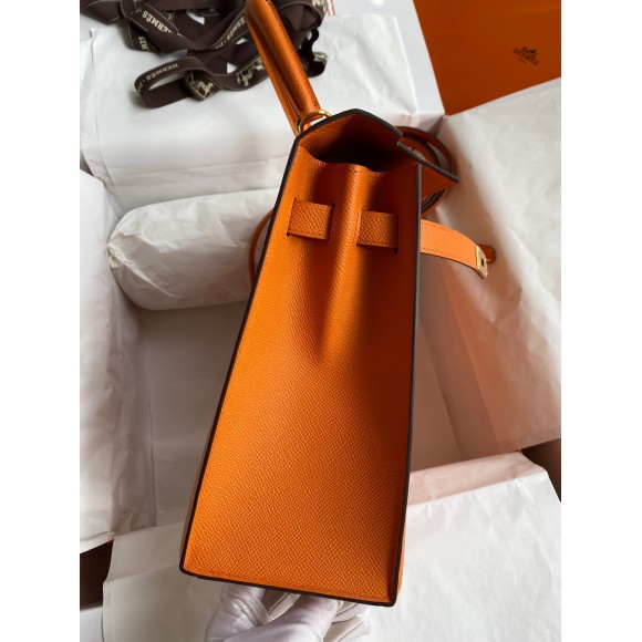 H**mes kelly sellier 32 handmade bag in orange epsom calfskin