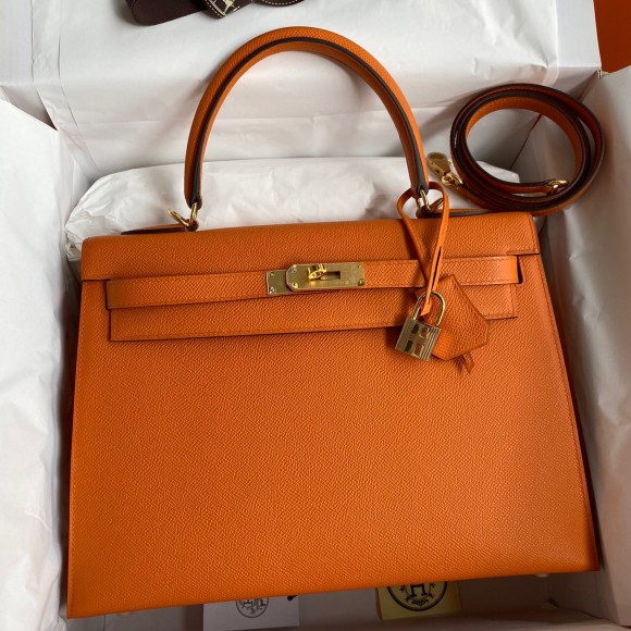 H**mes kelly sellier 32 handmade bag in orange epsom calfskin