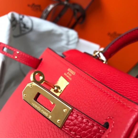 H**mes kelly 20cm bag in red clemence leather ghw