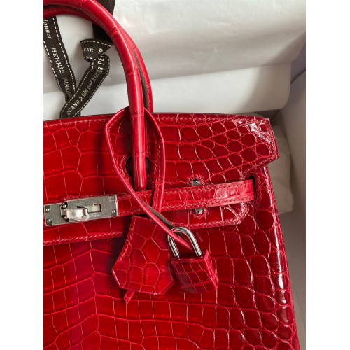 Hermes Birkin 25 Handmade Bag In Red Crocodile Porosus Shiny Skin