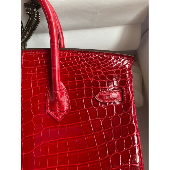 H**mes birkin 25 handmade bag in red crocodile porosus shiny skin