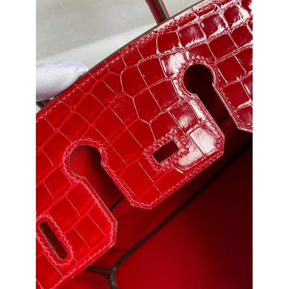 H**mes birkin 25 handmade bag in red crocodile porosus shiny skin