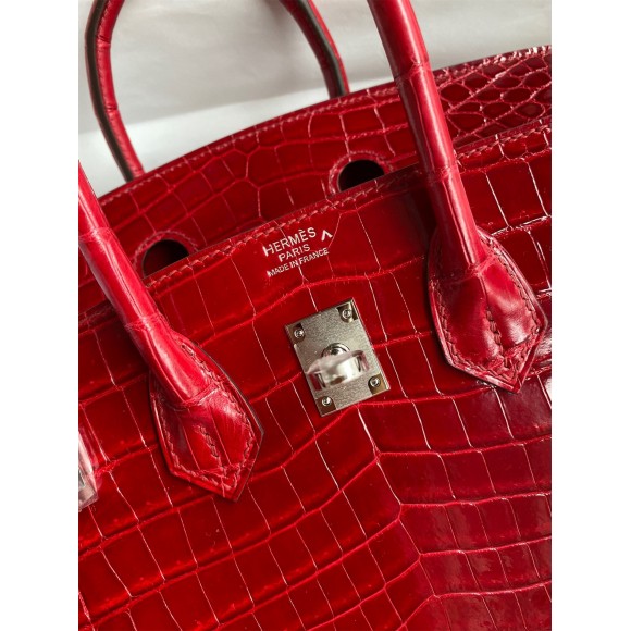 H**mes birkin 25 handmade bag in red crocodile porosus shiny skin