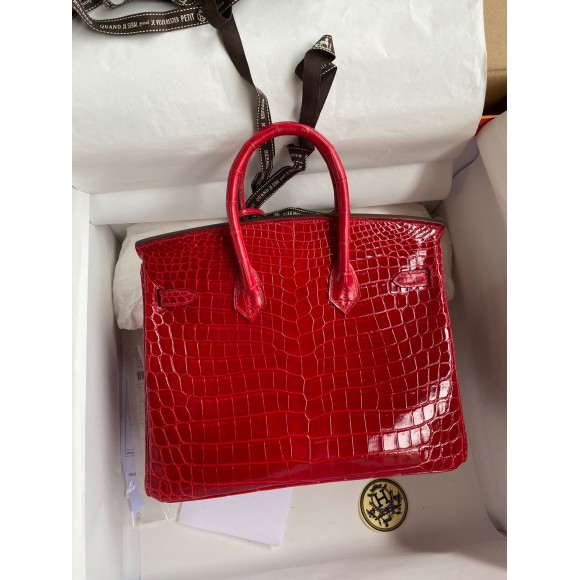 H**mes birkin 25 handmade bag in red crocodile porosus shiny skin