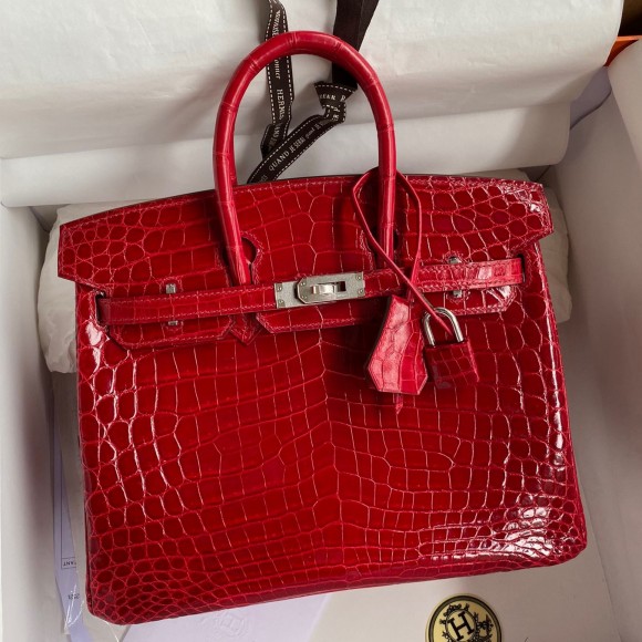 H**mes birkin 25 handmade bag in red crocodile porosus shiny skin