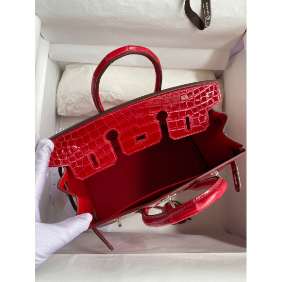 H**mes birkin 25 handmade bag in red crocodile porosus shiny skin