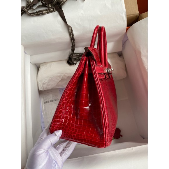 H**mes birkin 25 handmade bag in red crocodile porosus shiny skin