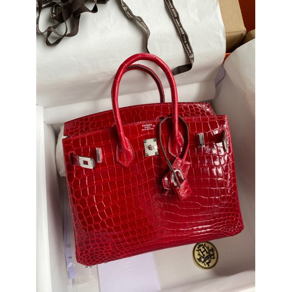 H**mes birkin 25 handmade bag in red crocodile porosus shiny skin