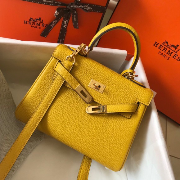 H**mes kelly 20cm bag in yellow clemence leather ghw