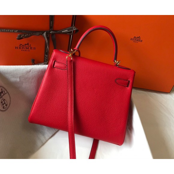 H**mes kelly 25cm retourne bag in red clemence leather ghw