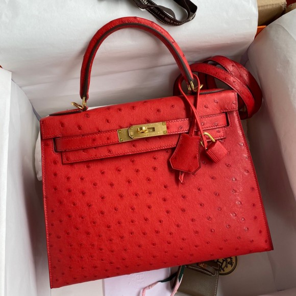 H**mes kelly sellier 28 handmade bag in red ostrich leather