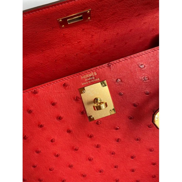 H**mes kelly sellier 28 handmade bag in red ostrich leather