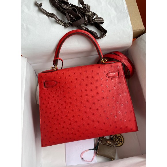 H**mes kelly sellier 28 handmade bag in red ostrich leather