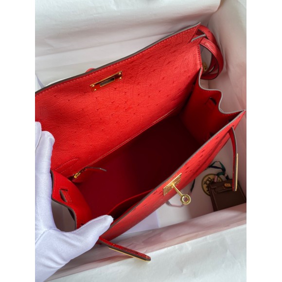 H**mes kelly sellier 28 handmade bag in red ostrich leather