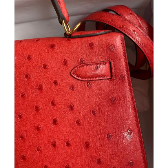 H**mes kelly sellier 28 handmade bag in red ostrich leather