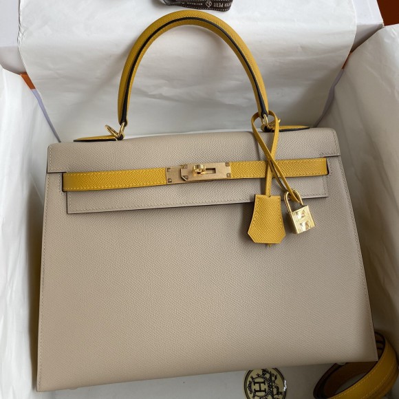 H**mes kelly sellier 32 bicolor bag in trench and yellow epsom calfskin