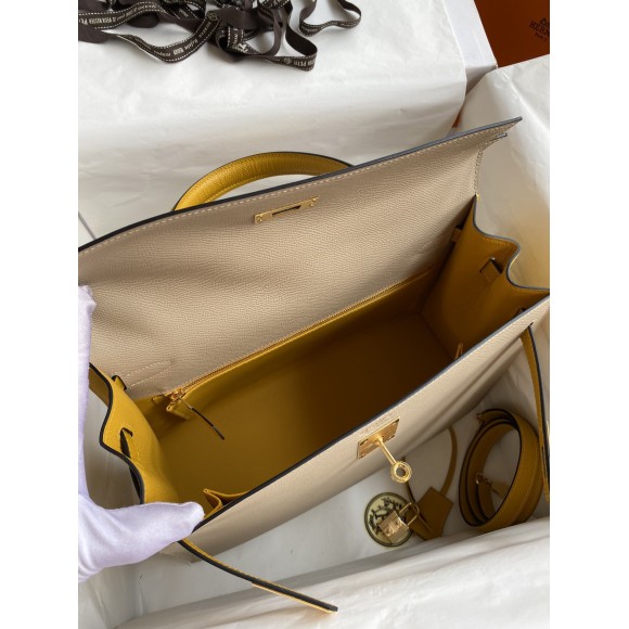 H**mes kelly sellier 32 bicolor bag in trench and yellow epsom calfskin