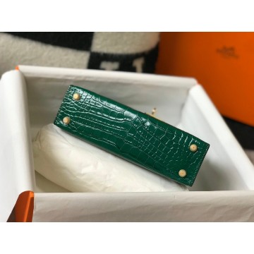Hermes Kelly Mini II Sellier Bag In Green Crocodile Embossed Leather Hermes Kelly Mini II Sellier Bag In Green Crocodile Embossed Leather