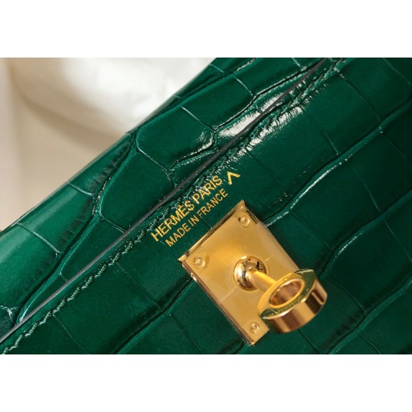 H**mes kelly mini ii sellier bag in green crocodile embossed leather