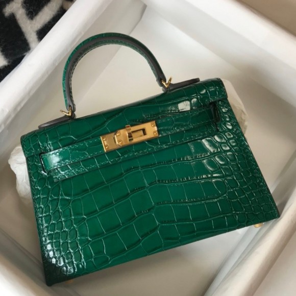 H**mes kelly mini ii sellier bag in green crocodile embossed leather