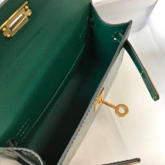 H**mes kelly mini ii sellier bag in green crocodile embossed leather