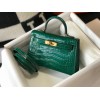 Hermes Kelly Mini II Sellier Bag In Green Crocodile Embossed Leather
